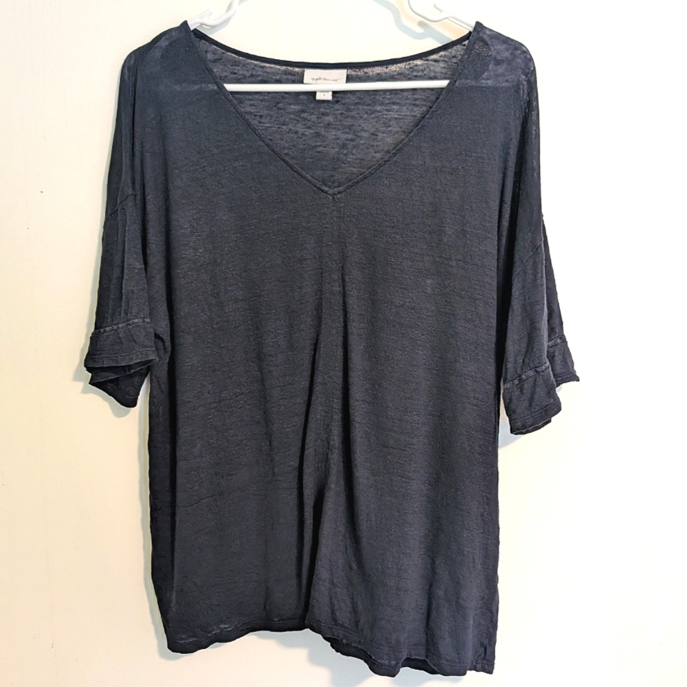 J.Jill Love Linen 100% Linen Navy Blue Ruffle Sleeve Blouse